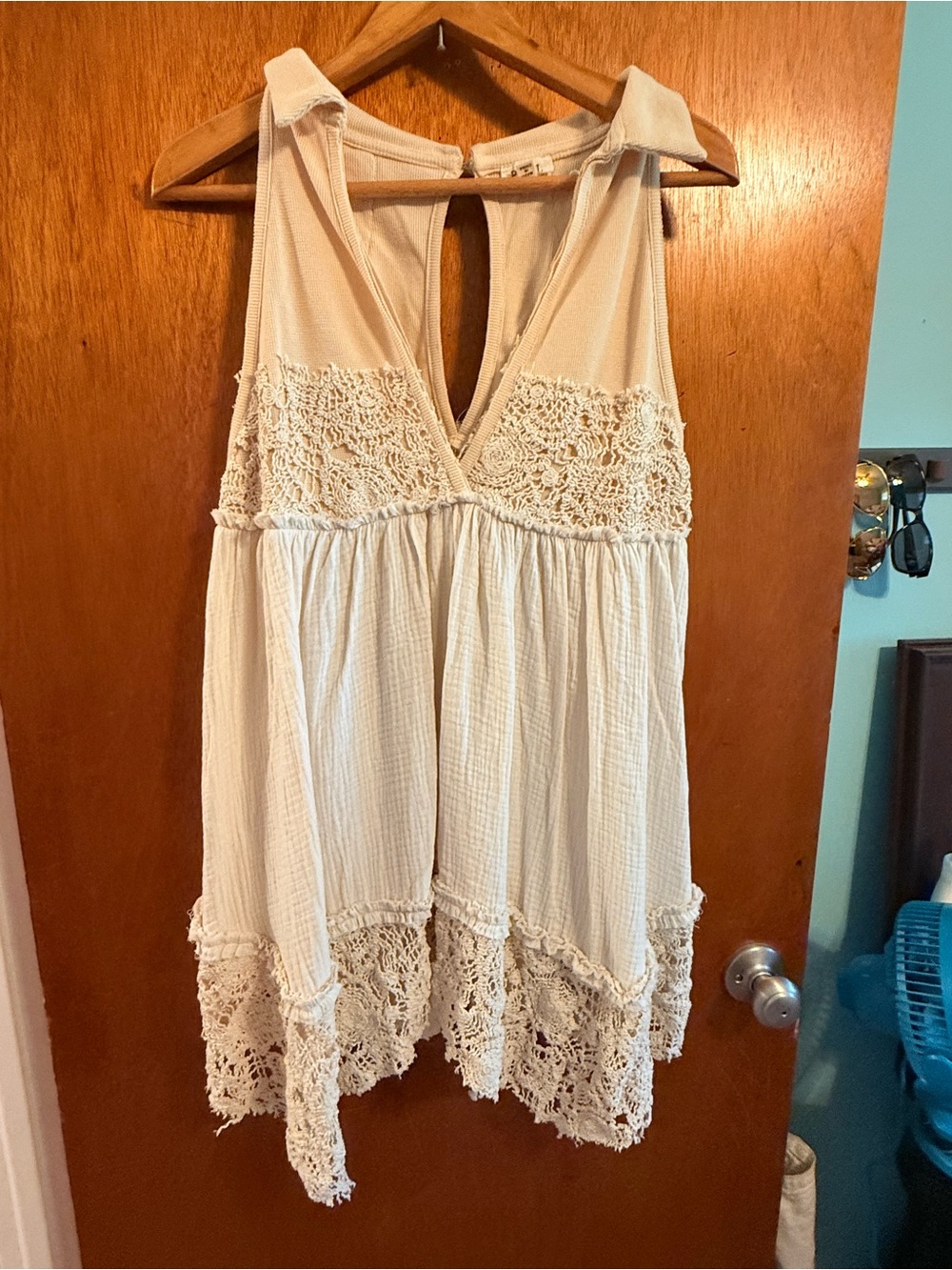 POL-Boho Crochet Trim Sleeveless Tunic Dress - Cream